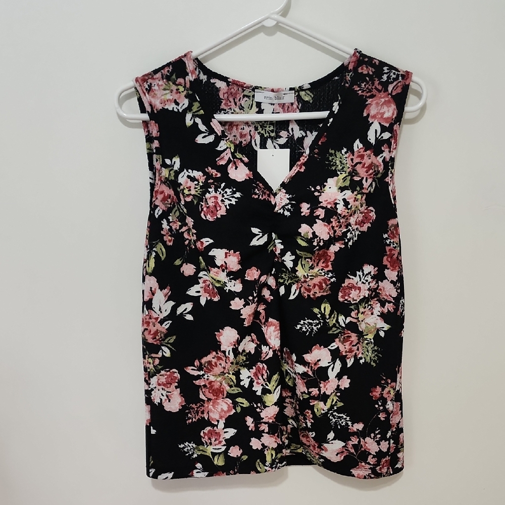 NWOT - Floral Sleeveless Blouse - Black and Pink
